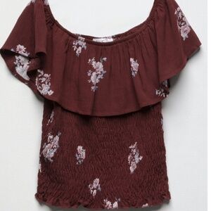 Tilly's Girls White Fawn Floral Ruffle Smock Top NWT Maroon Burgundy Medium